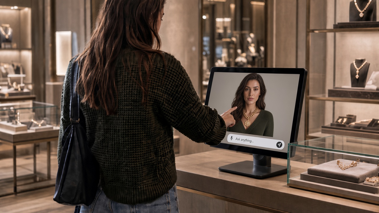 A shopper in a jewelry store trying on a necklace on a touchscreen