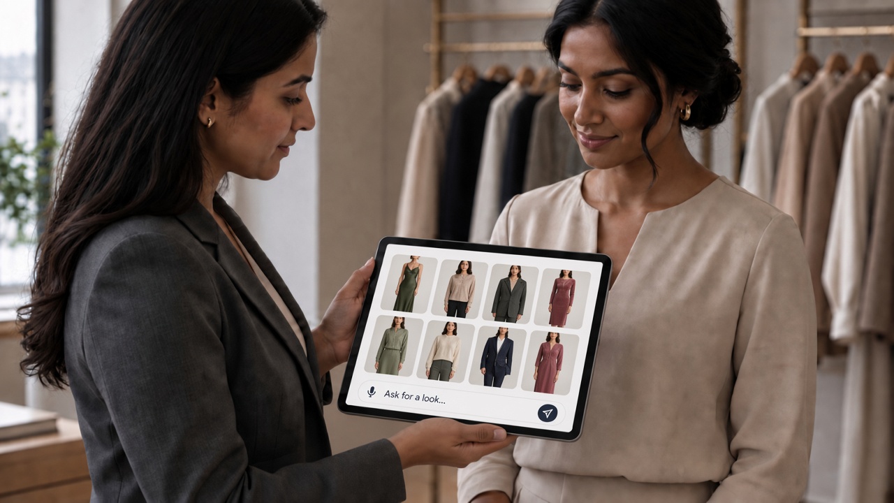 A store associate showing a customer outfit ideas on an iPad in a clothing store