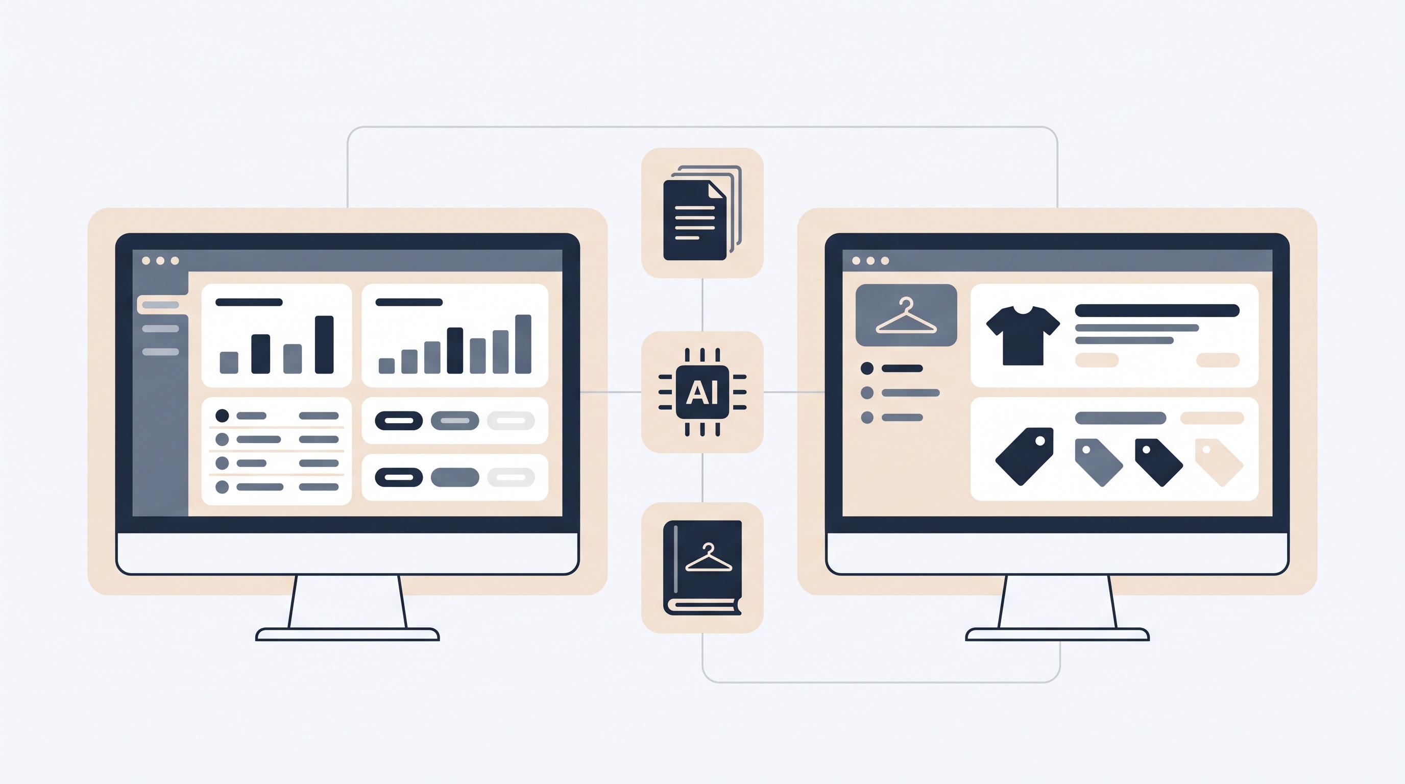 Internal merchandising AI tools on dual monitors